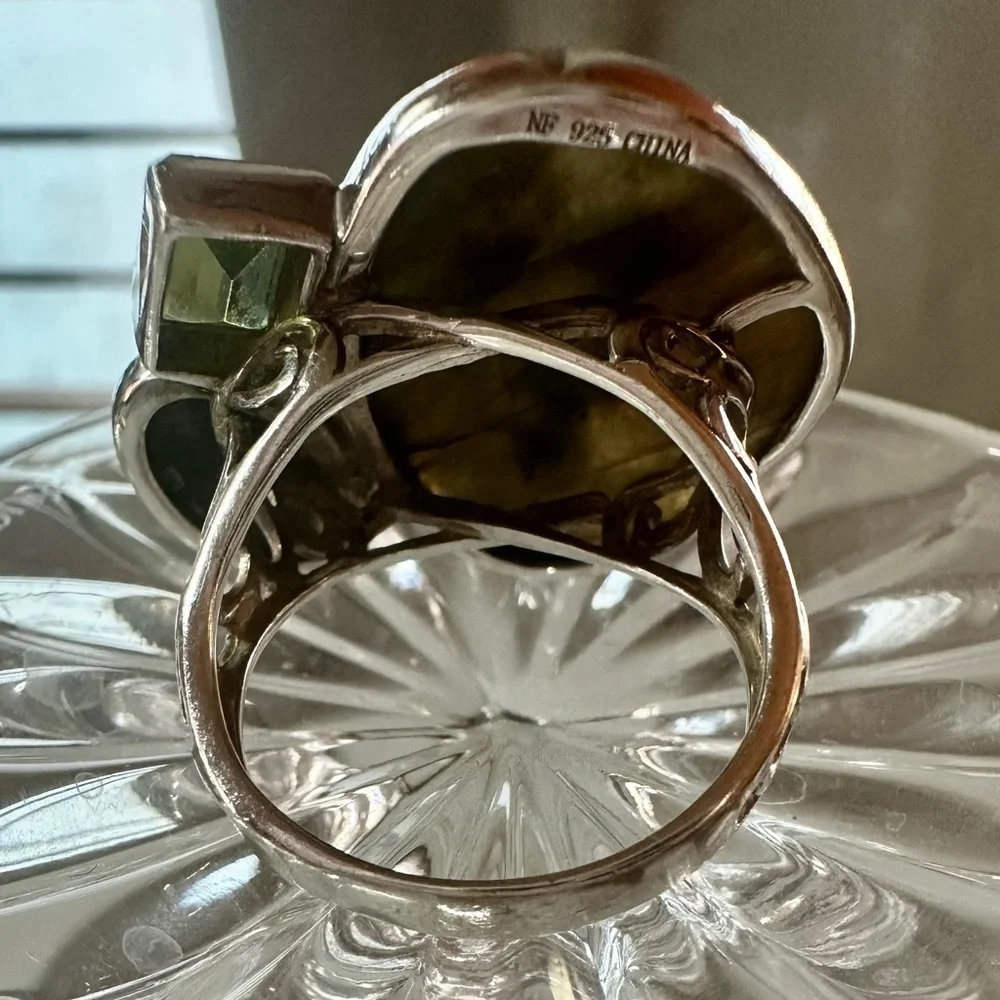 Elegant Labradorite, Peridot, Green Turquoise 925 Silver Cocktail Artisan Ring